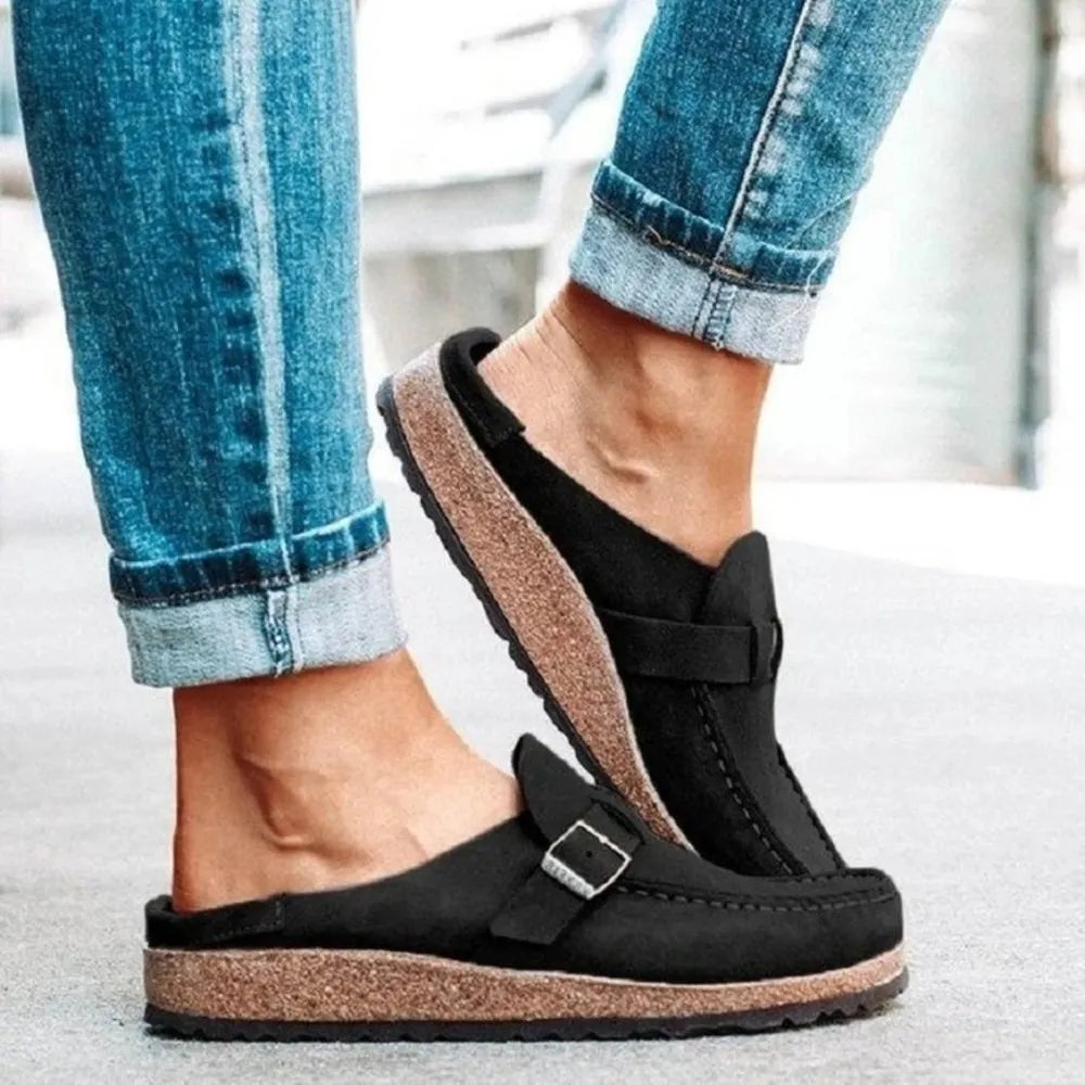 Stylish Round Toe Low Heel Buckle Loafers for Comfort and Elegance - Imported PU Material