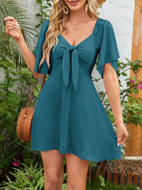 Smocked Back Knotted Flutter Sleeve Dress Deep Teal