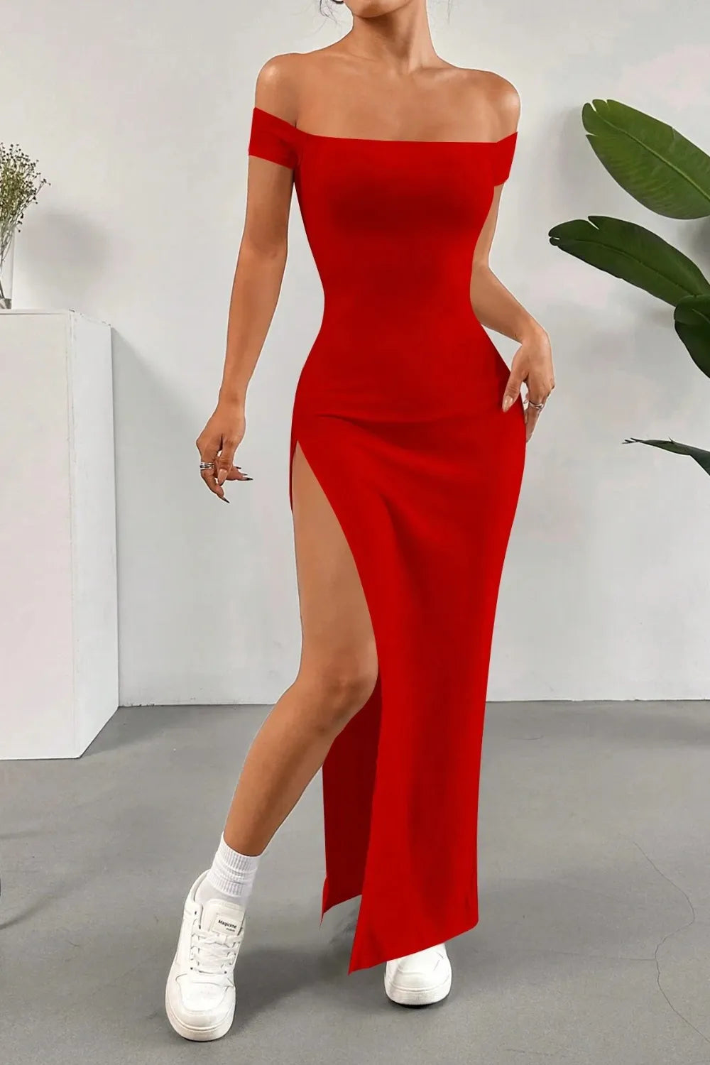 Off Shoulder Slit Maxi Dress Deep Red