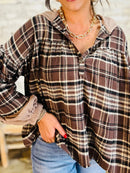 Plaid Patchwork Long Sleeve Hooded Top Brown