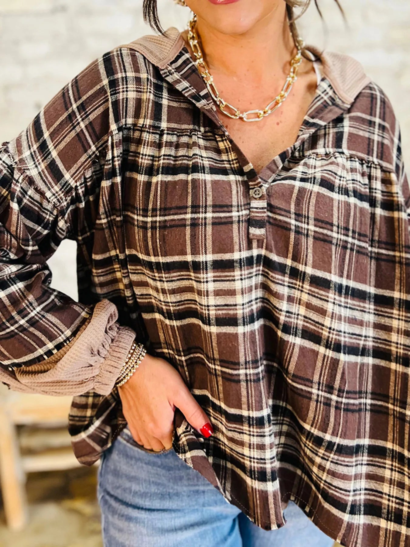 Plaid Patchwork Long Sleeve Hooded Top