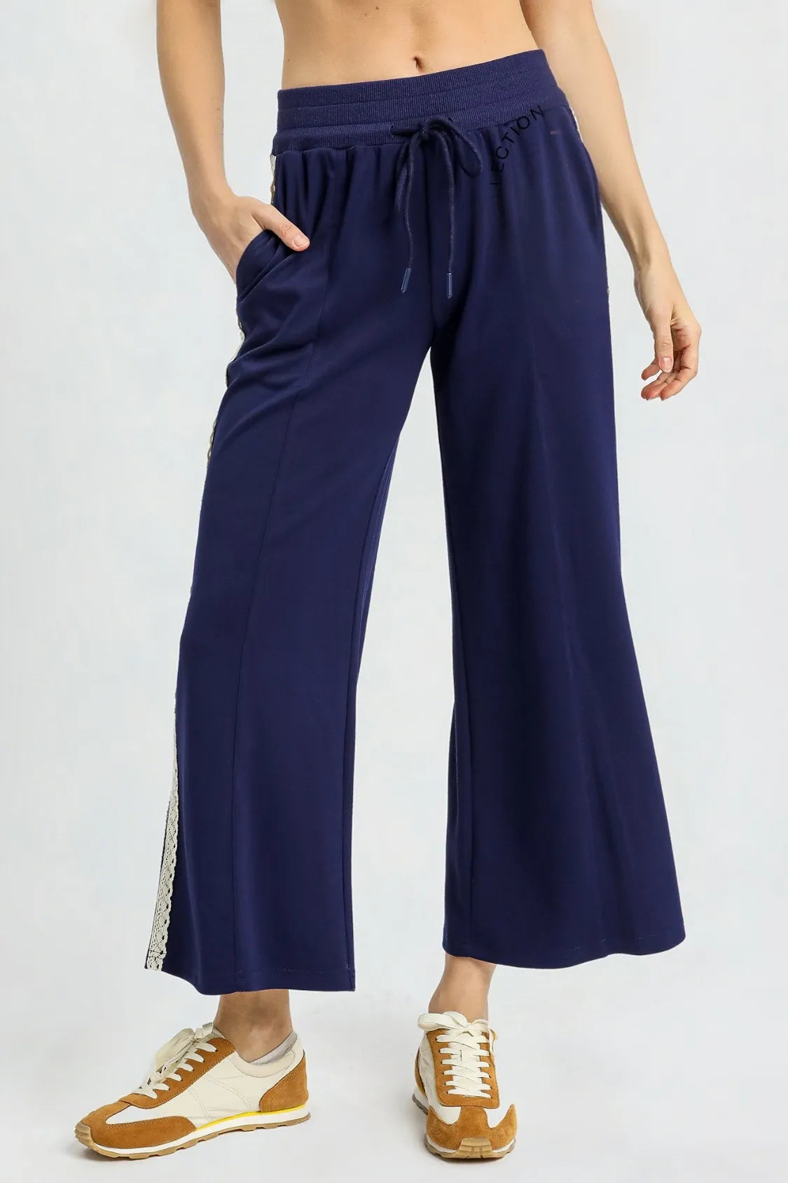 Navy Wide-Leg Pants with Lace Trim, Drawstring Waistband and Side Pockets for Comfort