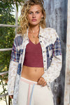 POL Button Down Lace Detail Floral Shacket with Contrast Plaid Patchwork BLUEMULTI