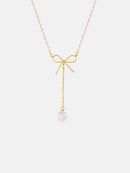 Elegant Stainless Steel Bow Pendant Necklace with Synthetic Pearls & 18K Gold-Plating - Store 42