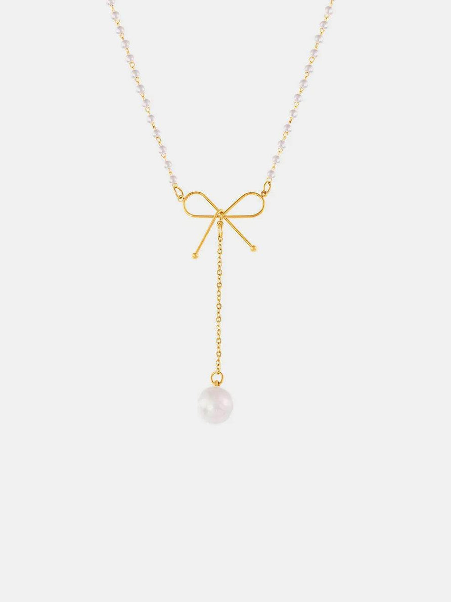 Elegant Stainless Steel Bow Pendant Necklace with Synthetic Pearls & 18K Gold-Plating
