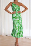 Ruched Printed Single Shoulder Midi Dress Green