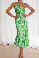 Ruched Printed Single Shoulder Midi Dress Green