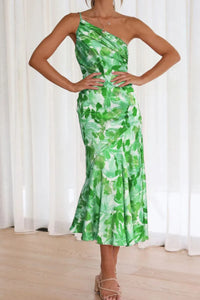 Ruched Printed Single Shoulder Midi Dress Green