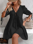 V-Neck Tie-Front Mini Dress with Puff Sleeves