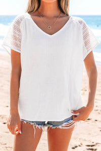 Lace Crochet Button Back V-Neck T-Shirt - Semi-Sheer 100% Cotton Top for Stylish Comfort - Store 42