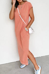 Side Split Round Neck Cap Sleeve T-Shirt Dress
