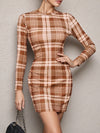 Long Sleeve Plaid Bodycon Mini Dress Caramel