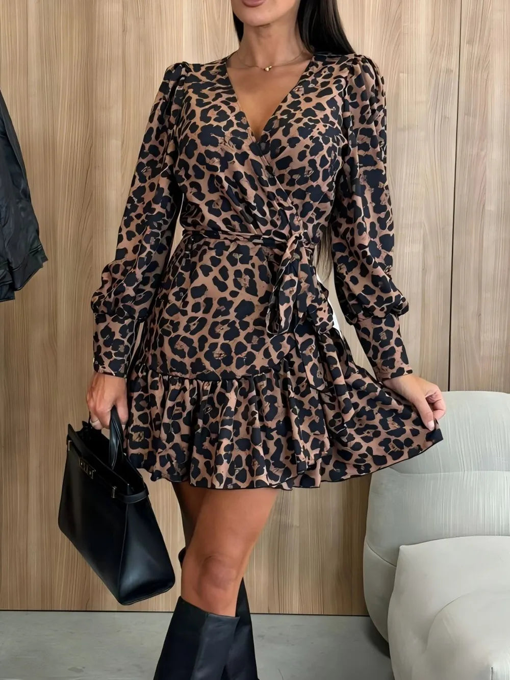 Tied Leopard Print Surplice Long Sleeve Dress – Stylish 100% Polyester, Opaque Design