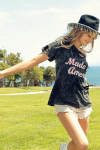 Trendy Laser Cut Mineral Washed Top with America Print - 100% Cotton Patriotic Style - Store 42