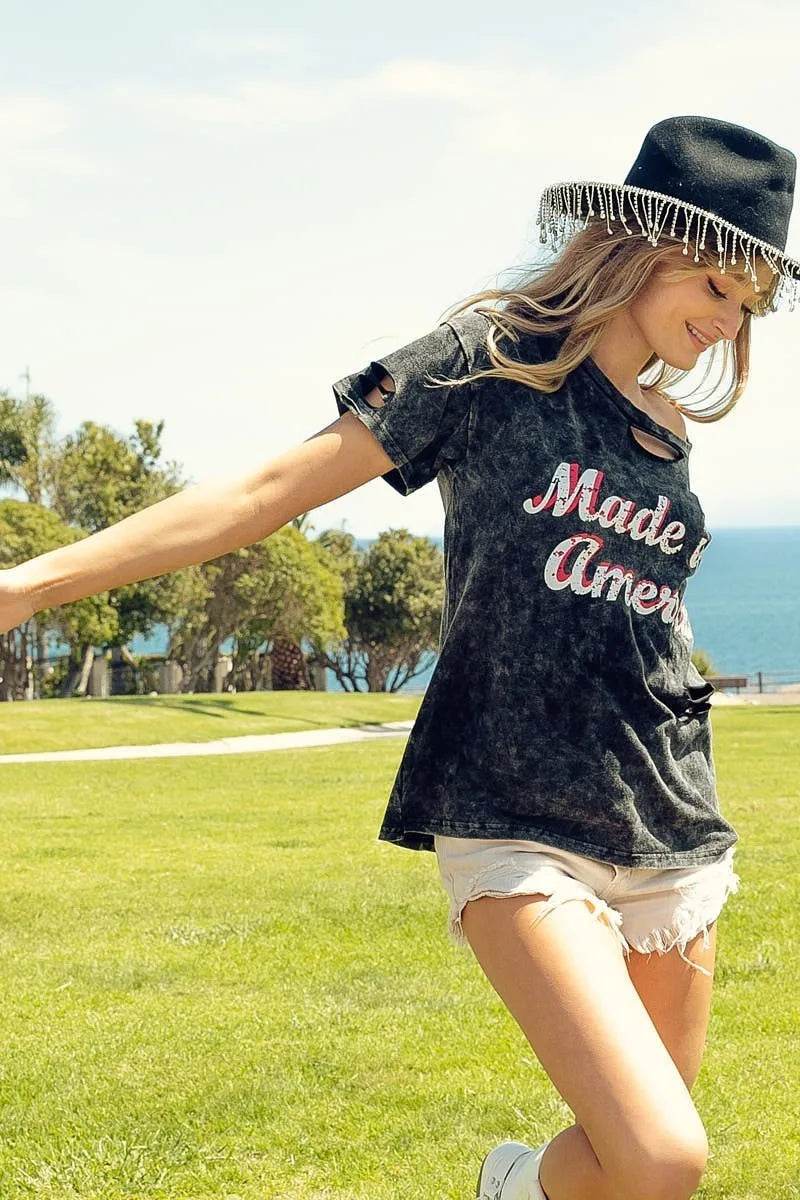 Trendy Laser Cut Mineral Washed Top with America Print - 100% Cotton Patriotic Style - Store 42