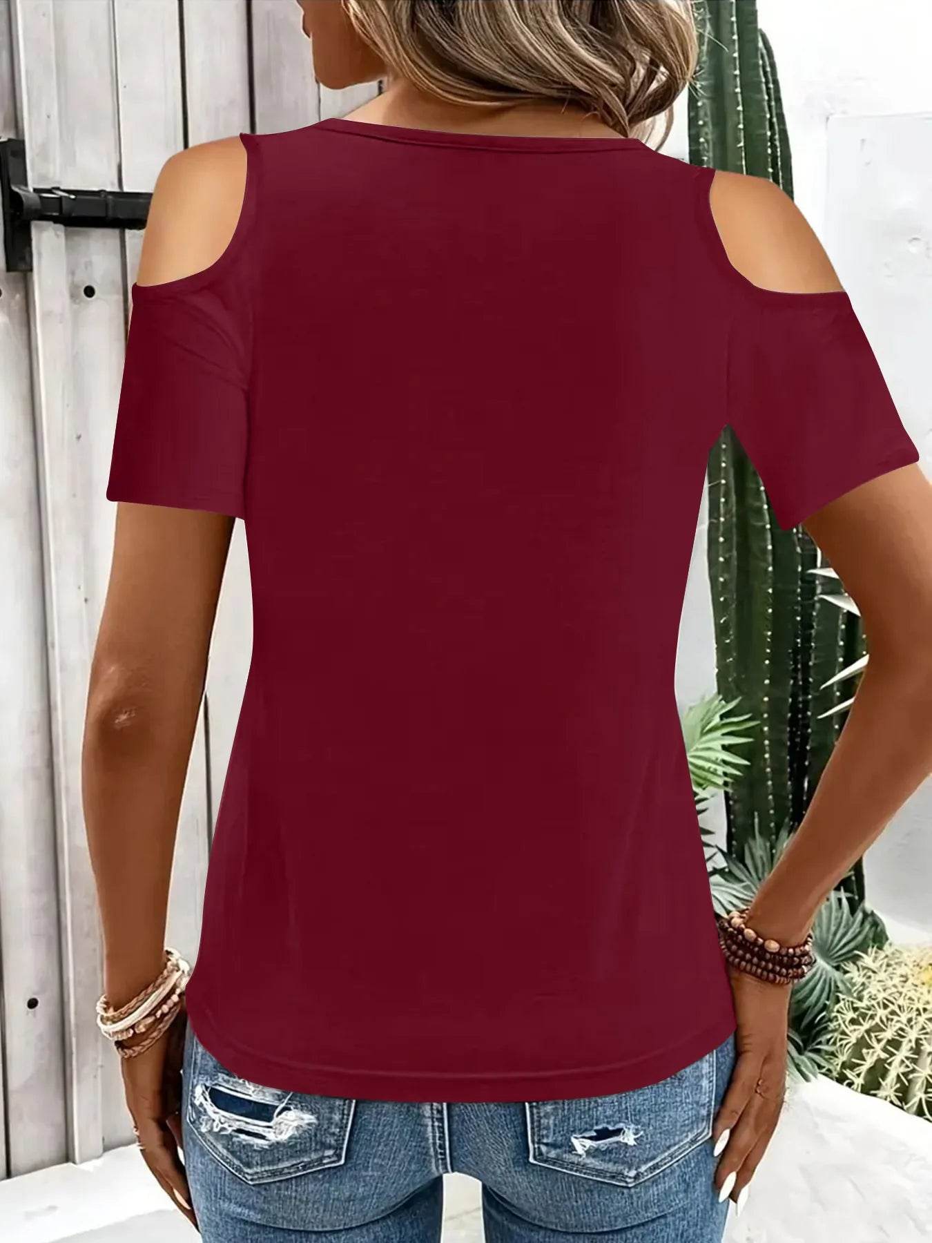 Sleek Cold Shoulder T-Shirt With Eye-Catching Metal Ring Detail - 95% Polyester, Slightly Stretchy - Store 42