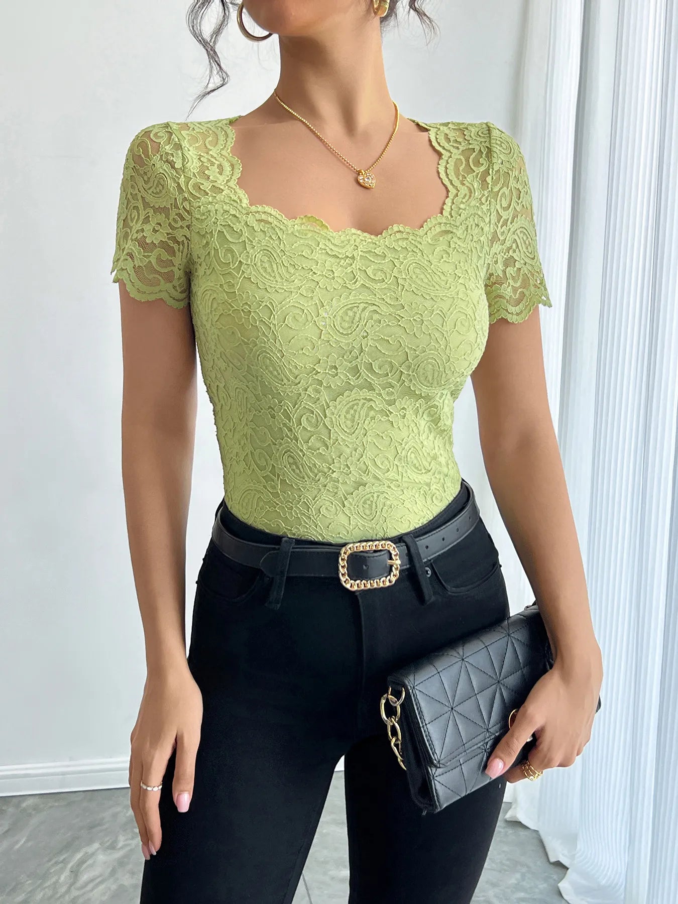 Floral Lace Square Neck T-Shirt