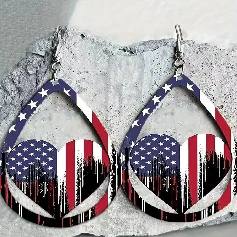Wooden US Flag Pattern Earrings - Unique Alloy & Wood Design, Lightweight & Stylish