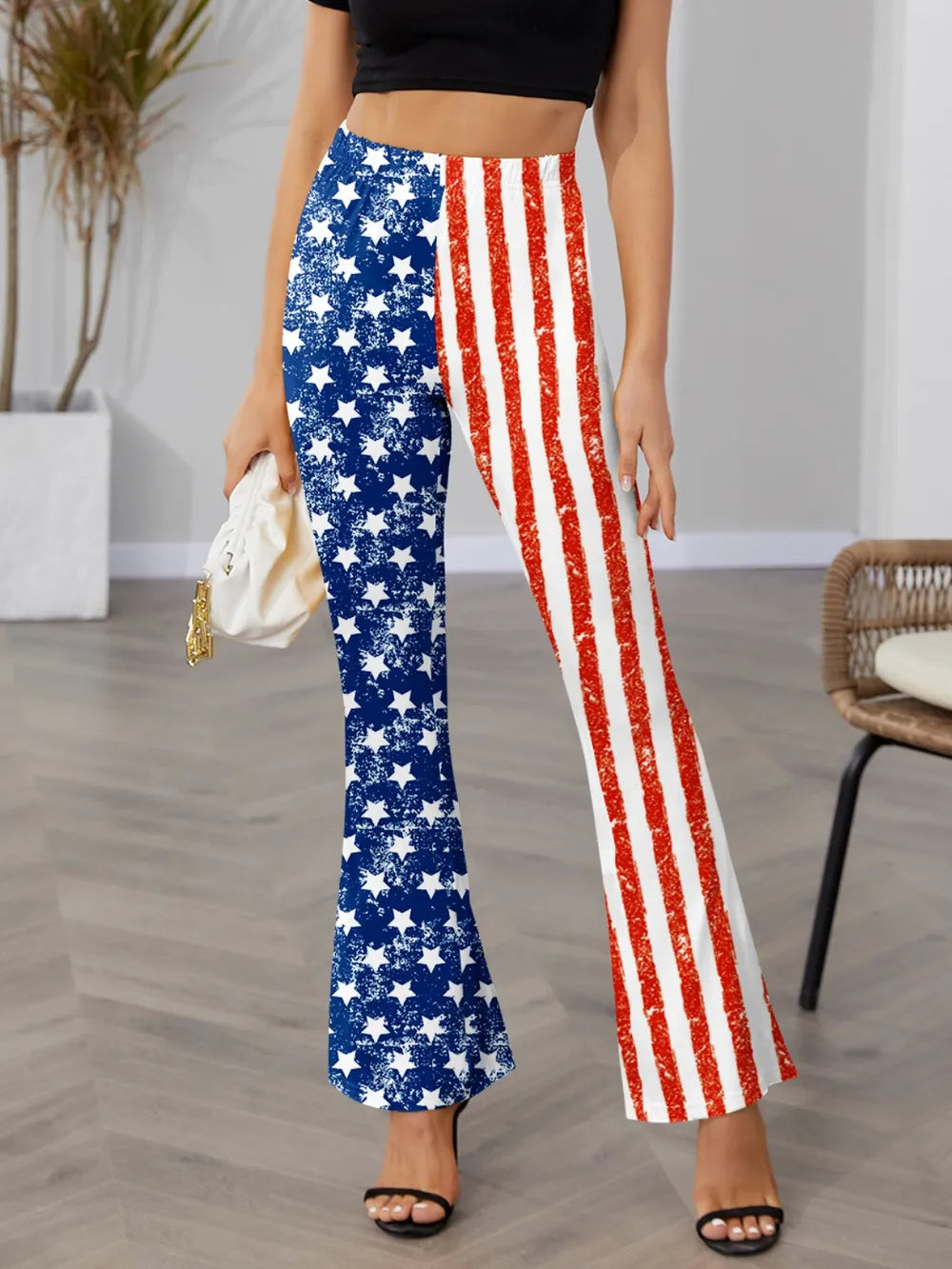 FAM-FAM High Waist Bootcut Pants - Star & Stripes Design, Opaque, Polyester Blend