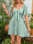 Smocked Back Knotted Flutter Sleeve Dress Gum Leaf