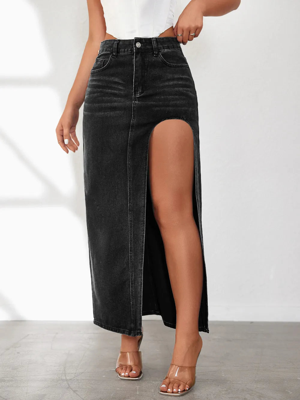 Trendsi High Rise Slit Denim Skirt - Classic Style with 65% Cotton Blend, Perfect for Everyday Wear