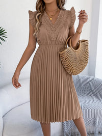 Lace Detail Ruffled Cap Sleeve Pleated Dress Camel