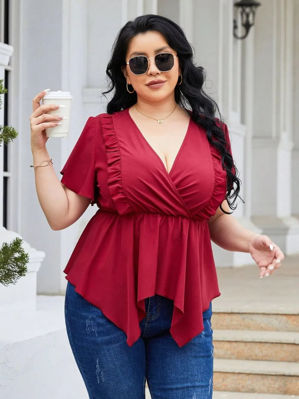 Plus Size Flutter Sleeve Blouse with Frill Surplice Design - Stretchy Opaque 100% Polyester