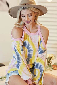 BiBi Tie Dye Print Terry Top with Cold Shoulder Detail - Store 42