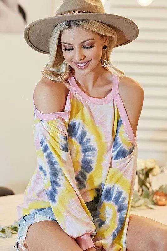 BiBi Tie Dye Print Terry Top with Cold Shoulder Detail - Store 42