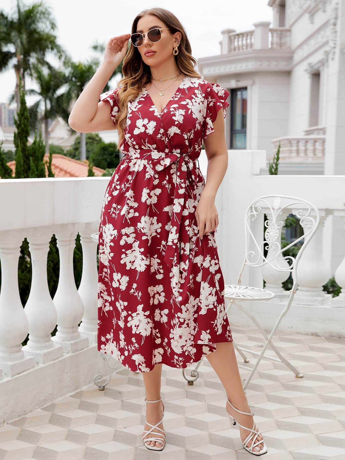 Honey Plus Size Floral Tie Waist Surplice Neck Midi Dress - Store 42