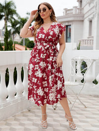 Honey Plus Size Floral Tie Waist Surplice Neck Midi Dress - Store 42