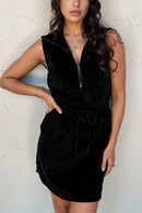 French Terry Zipped Collar Sleeveless Drawstring Waist Mini Dress