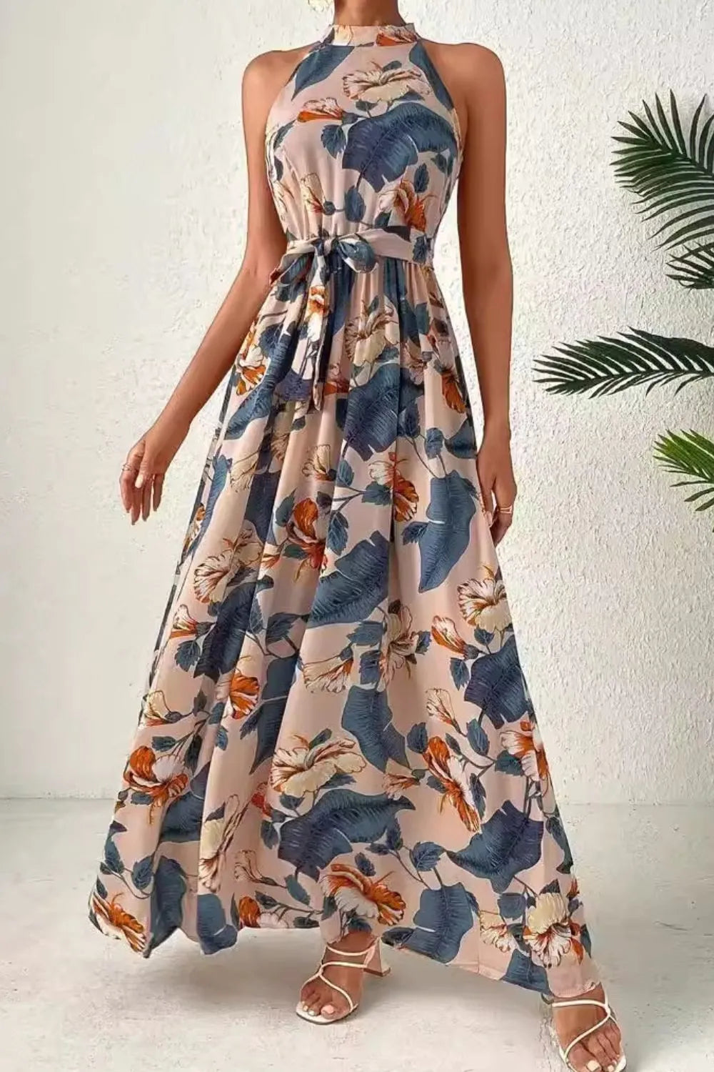 Tied Floral Sleeveless Dress Dusty Blue