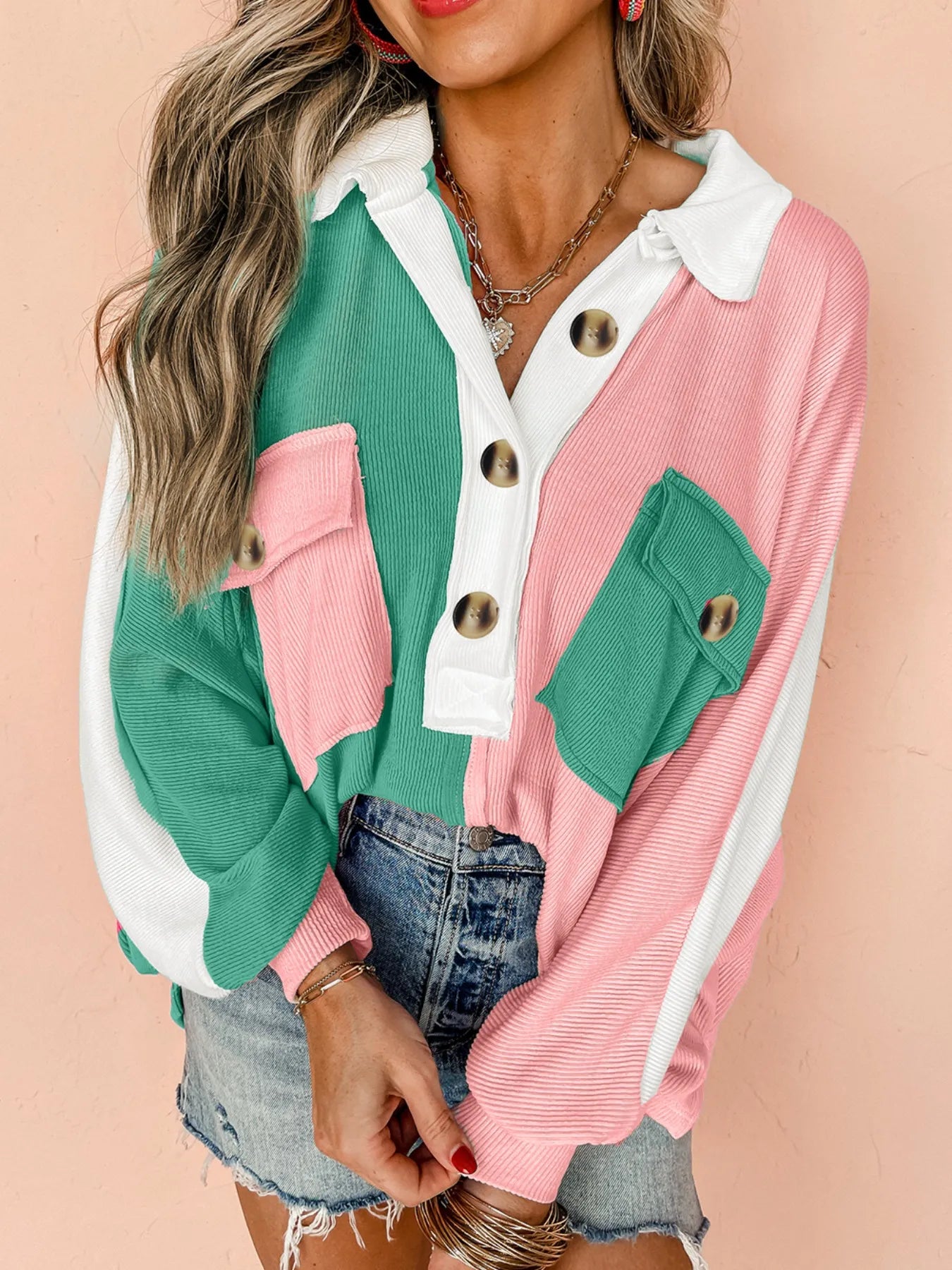 Trendsi Color Block Button Front Collared Neck Sweatshirt with Pockets and Stretch Fabric