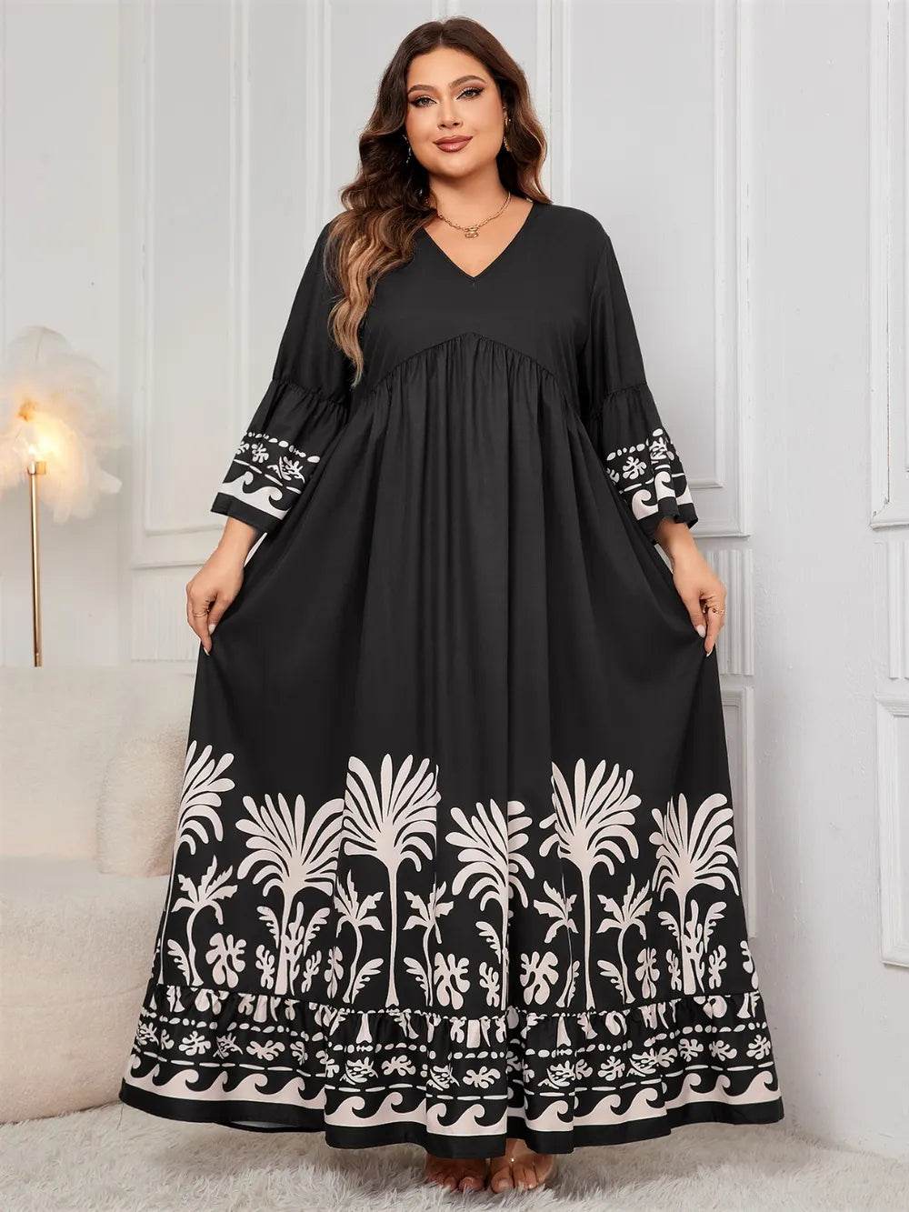 Honey Plus Size Printed V-Neck Long Sleeve Maxi Dress - Store 42