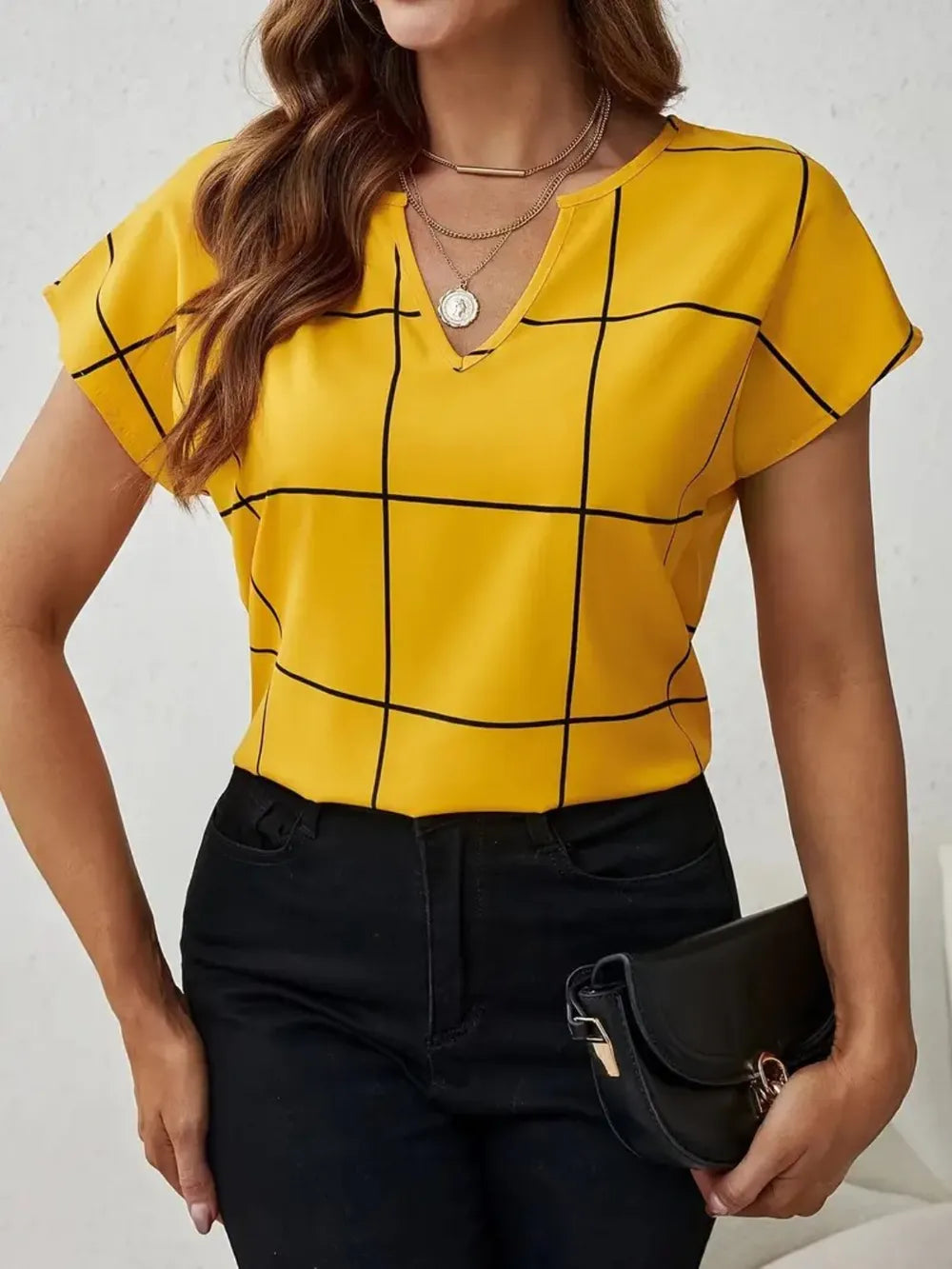 Plaid Contrast Notched Blouse in Opaque Fabric - Elegant & Effortless Style by Trendsi
