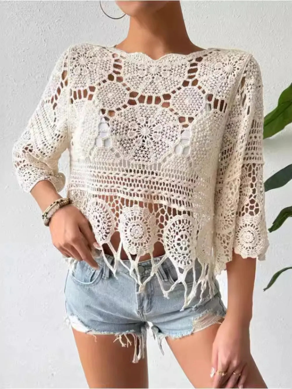 Openwork Sheer Round Neck Cover-Up - Stylish Cotton Blend for Effortless Layering