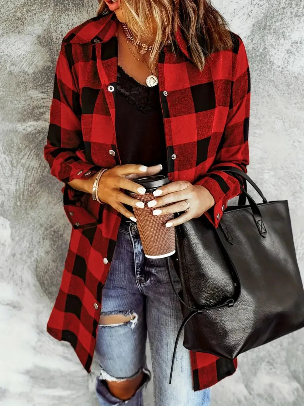 Plaid Long Sleeve Button Down Jacket with Collared Neck and Pockets - Casual Style