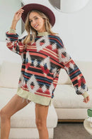 BiBi Aztec Print Mock Neck Long Sleeve Top - Oversized, Soft Cotton Blend, Tribal Chic - Store 42