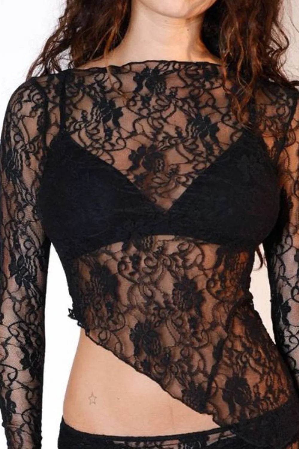 Lace Long Sleeve Sheer Crop Top for Women - Slightly Stretchy, 75% Polyester, 25% Spandex - Store 42