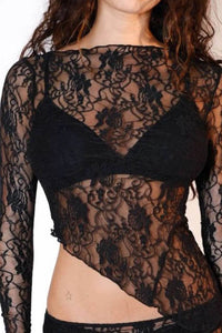 Lace Long Sleeve Sheer Crop Top for Women - Slightly Stretchy, 75% Polyester, 25% Spandex - Store 42