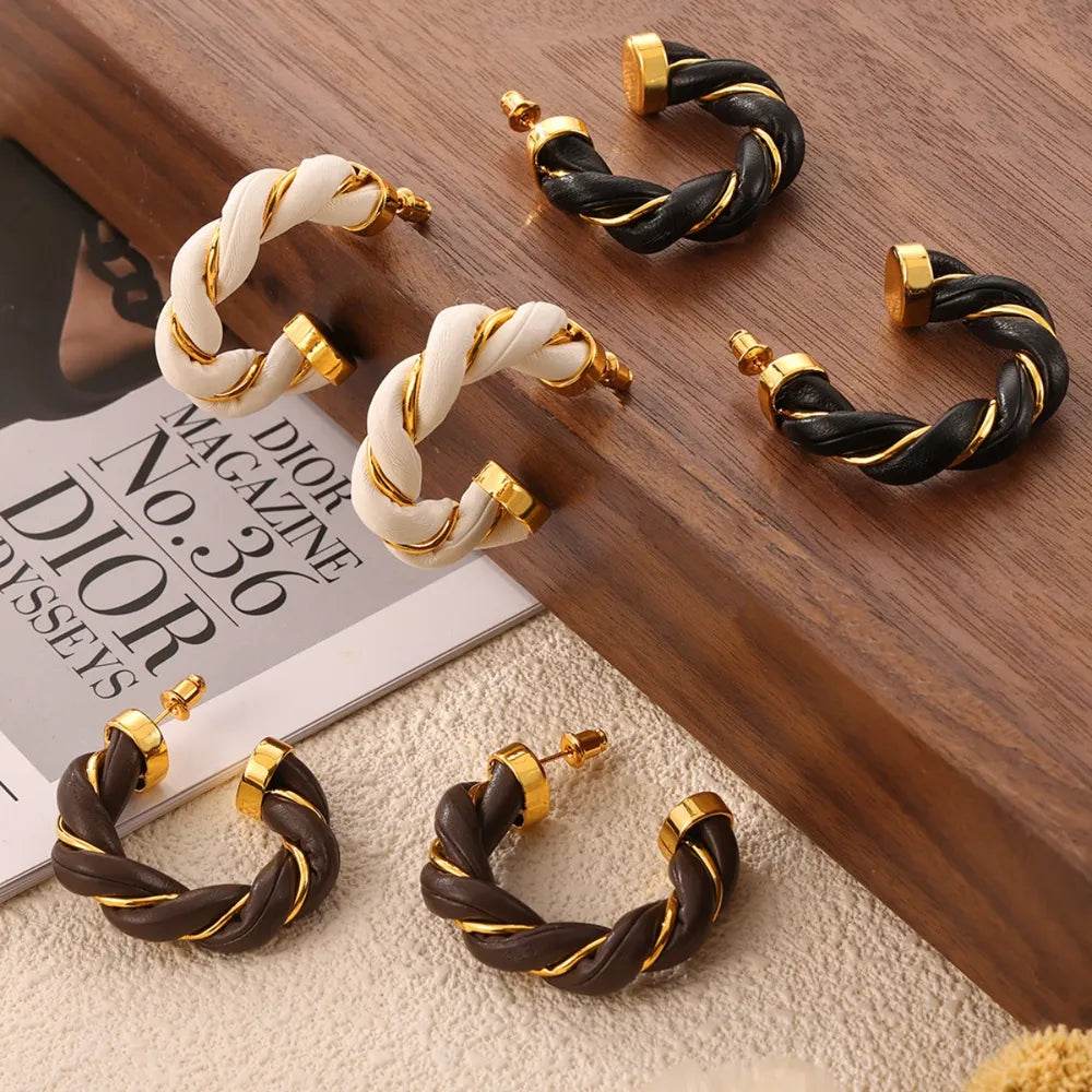 Elegant Twisted Leather Rope C-Hoop Earrings - 18K Gold-Plated Copper for Stylish Appeal