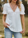Lace Trim V-Neck Puff Sleeve Blouse White