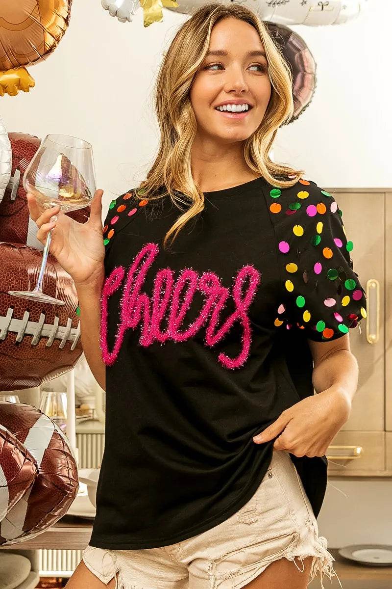 BiBi Metallic Letter Spangle Raglan Puff Sleeve Top - Store 42