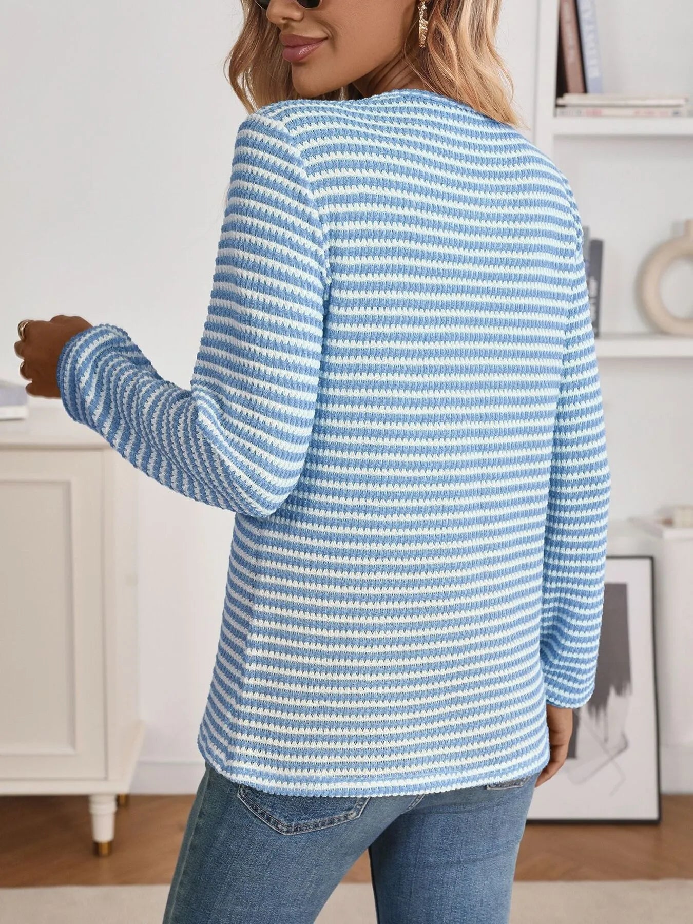 Striped Button Detail Long Sleeve Top