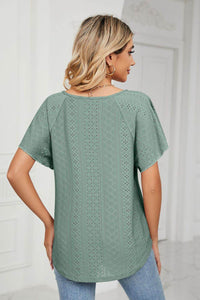 Trendsi Casual Eyelet Tie-Neck Flutter Sleeve Top in Solid Color - Slightly Stretchy V-Neck Design - Store 42