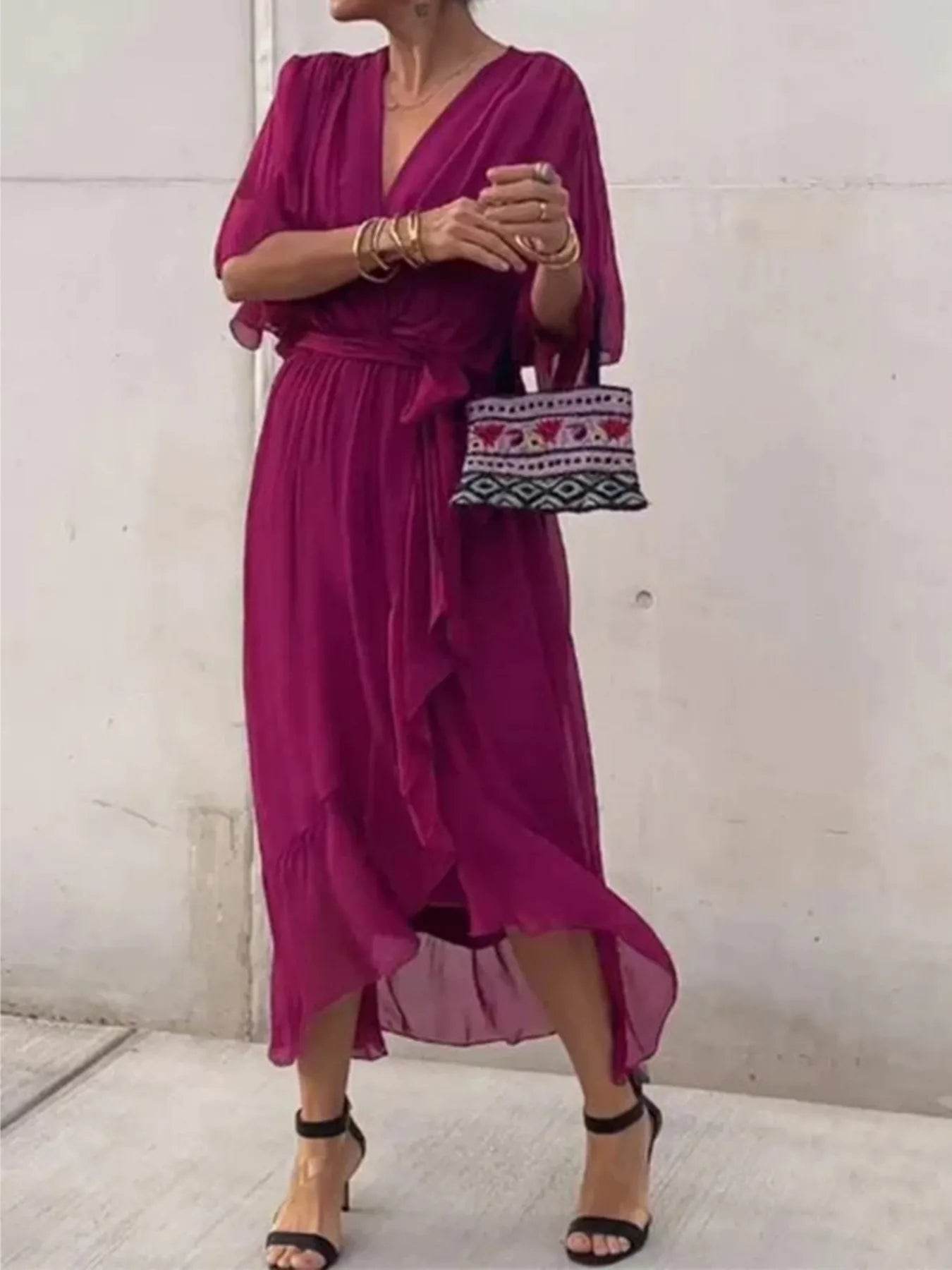 Full Size Flowy Tie Front Midi Dress with Flutter Sleeves Plus Size - Store 42