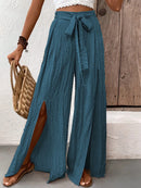 Honey Tied Slit Wide Leg Pants French Blue