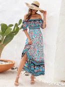 Floral Flounce Sleeve Midi Dress Light Blue