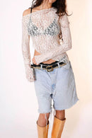 Lace Long Sleeve Sheer Crop Top for Women - Slightly Stretchy, 75% Polyester, 25% Spandex - Store 42